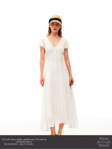 Heavy Embroidery Flared Sleeve V-Neck Waist Cinching Vacation Long Dress
