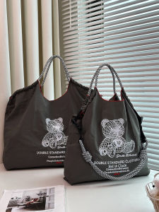Eco-Friendly Canvas Bag Embroidered Bear Mesh Shopping Bag Large Capacity Commuter Bag Womens Style Sweet Nylon Lining