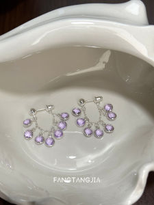 S925 Pure Silver Flashing Grape Purple Tassel Earrings Womens Fashionable Lightweight Luxury  Outburst Geometric Pattern