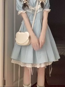 French Style Sweet Lace Joined Dress for Women Summer Blue Bubble Sleeves Short Skirt Petite Princess Doll Dress High Waist