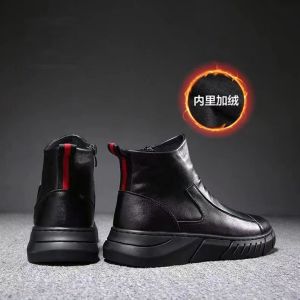 Leather Shoes High Top Men Fall and Winter Retro Slip-on Big Head Casual Work Shoes Fleece-lined Heattech British Style Boots