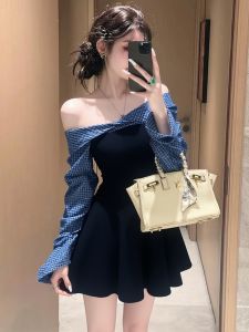 SHANGSHA | Refined Important Occasion Rich Style Blue Plaid Splice Dress