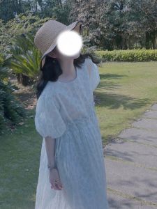 ชุดเดรสยาวแขนพองลายดอกไม้สไตล์เกาหลีสำหรับผู้หญิงในฤดูร้อน กระโปรงทรงเอ แขนยาว คอตั้ง สไตล์ฝรั่งเศส