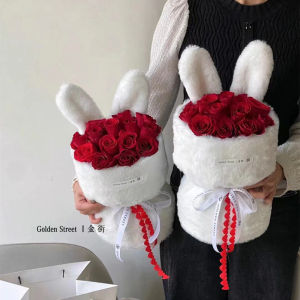 Valentines Day Rabbit Ear Flower Bouquet Velvet Fabric Packaging round Rose Flower Arrangement Artistic Floral Delivery