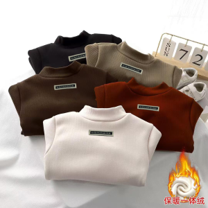 Áo Thun Dệt Kim Dày Lót Lông Cừu Cổ Cao Thời Trang Thu Đông Cho Bé Gái Áo Thun Dài Tay Trẻ Em Phong Cách Hàn Quốc Áo Sơ Mi Trẻ Em