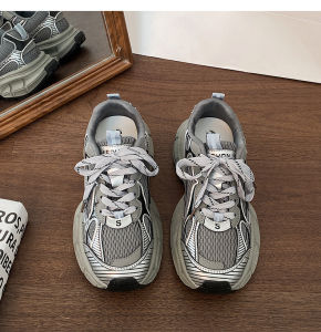 ManYu Grey Sporty Dad Shoes Lengthening Leg Appearances Comfortable for Work Commuting Casual round Toe mid Heel PU Leather