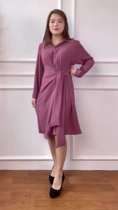 Mihar store / COD 3730 - Dress wanita polos premium airflow kerah lengan panjang / Midi dress tunik kemeja anti kusut terbaru casual santai formal bisa busui LD 110