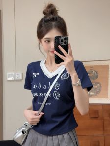 Korean Style V-Neck Short Sleeve T-Shirt Letter Print Lace Trim Splice Sweet Girl Slim Fit Summer Cotton Polyester Blend