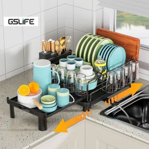 GSlife Scalable Dish Rack with Drainer Plates Bowls Storage Rack Kitchen Dish Drying Rack with Cup Holder