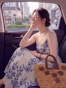 PAIBOLI | Đầm In Hoa Xanh Form Dài V-neck Phong Cách Pháp Dành Cho Kích Cỡ Lớn Tạo Dáng Thon