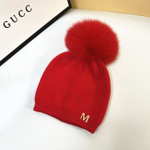 New Years Bright Red Knitted Hat Womens Fox Fur Ball Yarn Cap Casual Versatile Parent-Child Childrens Hat Winter Cotton round Top