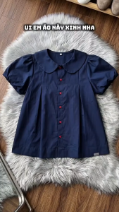 Áo sơ mi nữ cổ sen tay phồng form xòe nhẹ phong cách Hàn Quốc màu navy trắng