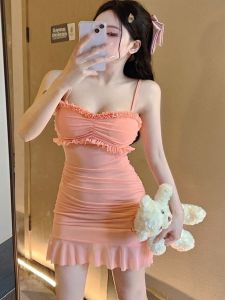 Mumir Summer New Waist-Cinching Lace Paneling Mini Skirt Womens Style Ins Wind Bell Sleeve Short Dress Thin Design Sense