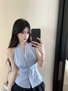 GUZILIAN | เสื้อเชิ้ตคอวีลายทางผู้หญิงสไตล์ฝรั่งเศส ทรงสลิมฟิต แขนกุด เอวยางยืด ชุดทำงานฤดูร้อน โพลีเอสเตอร์ คอกลม