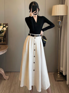 Velvet Two-Piece Set Womens Autumn Fashionable Retro French Style Base Layer Dress Slimming Long Gown High Waist A-Line Skirt