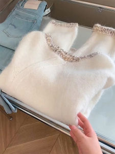 QINGNAER | Elegant Gentle Stylish Autumn Plus Size Soft Shimmer Lace Long Sleeve Knit Sweater