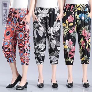 Thin Ice Silk Seven-Foot Pants High Waist Elastic Womens Summer Clothes Moms Lantern Pants Print Slimming Mosquito-Resistant