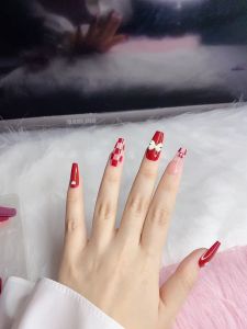 Set 24 móng tay giả dài Tết màu đỏ caro - D 077 - sang trọng dễ thương cho nữ - Kèm keo SILICON dán móng