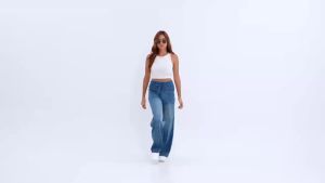 YUCOLEN Womens Knitted Denim Wide Leg Pants High Waist Drawstring Elastic Waist Stretch Jeans Light Wash Loose Flare Trousers