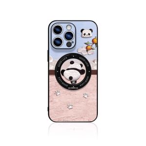 Cute Climbing Panda for Apple 16promax Phone Case New Arrival Magnetic Suction with Stand Iphone15pro Protective Case Fulcrum Soft Edge IP14 Fancy Female 13pm All-Inclusive Imitation Leather
