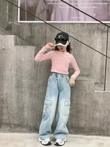 New Cargo Jeans for Kids Girls 7-16years Fashion Pants 6 Pockets Trending Straight Leg Pants Wide Leg Trousers Denim Jeans Loose Pants High Waist Baggy Pants Korean Fashion OOTD