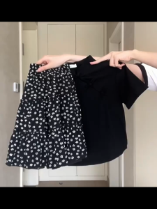 Women Floral Tiered Mini Skirt A Line Korean High Waist Half Skirt