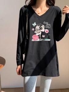 No Pilling Pure Cotton Long Sleeves V Neck T-shirt Womens Spring & Fall New Arrival Mid Length Long Length Loose Bottoming Shirt Ins Trendy Tops Womens