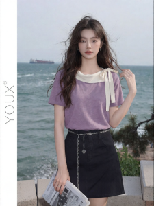 YOUXIANG | Áo Thun Tay Ngắn Dây Nơ
