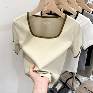 Áo Thun Nữ Tay Ngắn Ôm Vừa Vặn Cổ Vuông Mùa Hè Mới Về Dáng Chữ a Cạp Cao in Họa Tiết Thời Trang Thường Ngày