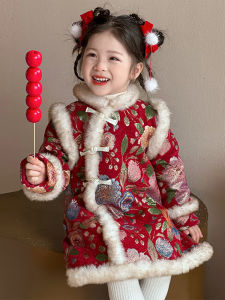 New Year Celebration Girls Cheongsam Frock Coat Thickened Winter Childrens Traditional Chinese Dress Red Cotton Skirt for Babies