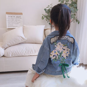 Comfortable Retro Floral Denim Jacket for Girls Spring Autumn Stylish Personality Kids Clothing Korean Style round Neck Single Button