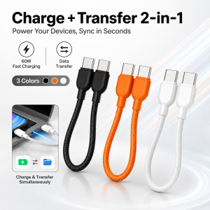 Portable USB C to USB C Short Cable Braided Type C Charge Data Sync Cord for Power Bank Phone Tablet with Storage Clip Travel