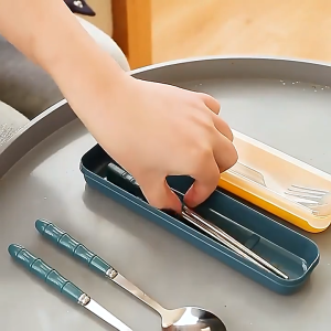 3Pcs/Set Stainless Steel Cutlery Set Utensil Spoon Fork Chopstick Set With Box Tableware Set Peralatan Makanan 餐具套装