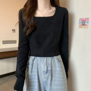 High Waist Short Knit Sweater for Women Long Sleeve Square Collar Base Top Spring Autumn Design Korean Style Commute Pure Color