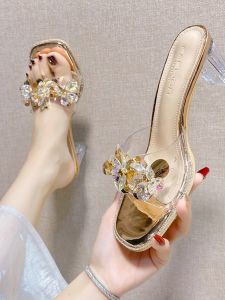 Womens Crystal High Heel Sandals Summer New Outwear Thick Heel Open Toe Slip-On Rubber Sole Comfortable Daily Wear Shoes