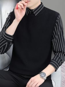 HENGYUANXIANG | Hengyuanxiang Mens Knitted Sweater With Shirt Collar Fake Two-Piece Striped Base Layer Loose Fit Long Sleeve Casual Fashion