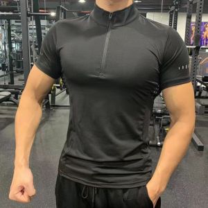 Gitan 2024 nam mùa hè của dây kéo cổ cao T-Shirt tập thể hình thoáng khí luyện tập chạy thể dục thể thao giản dị cotton màu trắng nhanh khô cho nam ngắn tay hàng đầu T-Shirt