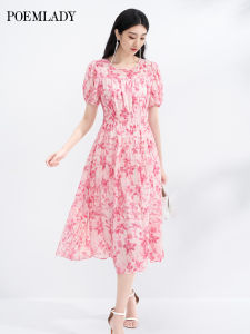 POEMLADY | Summer Beach Vacation Pink Floral Dress Elastic Waist