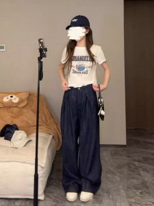 Summer Casual Chic Wide Leg Jeans Womens Thin Straight Tube Pants Loose Wrinkle Comfortable Long Trousers Blue Cotton Stretch Denim