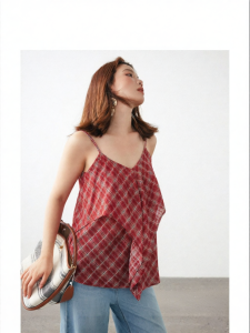 Loose V-neck Ruffle Hem Printed Check Camisole