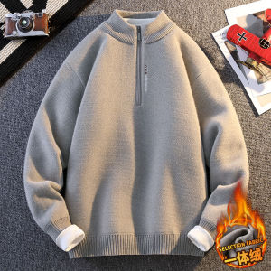 Winter Thickened Fleece Half Zipper Stand Collar Knitted Sweater for Men Youth Loose Warm Fashionable Long Sleeve Crew Neck