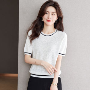 Silk Short Sleeve T-Shirt Womens New Summer Rose Red Ice Silk Top for Skirts round Neck Printed Casual Thin Loose Fit T-Shirt