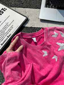 LIUBU | Rose Red Butterfly Embroidery Vintage Washed T Shirt