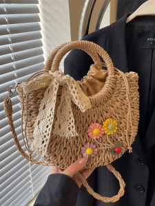 Beachy Casual Style Womens Straw Woven Bag Single Shoulder Basket Design Leisure Handbag for Holiday Beach Outings