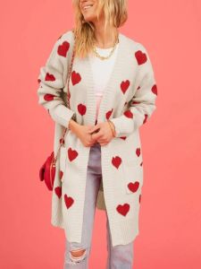 Women Loose Knitted Sweater Hearts Autumn Winter Fashion Pink Long Sleeve Coat Elegant V Neck Loose Crochet Warm Jumper Clothing