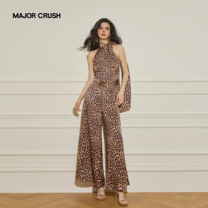 Summer New Leopard Print Halter Wide Leg Jumpsuit
