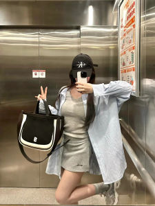 Stripes Shirt Womens Shoulder Summer Thin Korean Style Loose Top Shirt Small Long Sleeves Sun Protection Lazy Coat