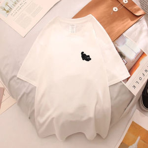 เสื้อยืดแขนสั้นผ้าฝ้ายแท้ปักลายแมว ทรงหลวม สไตล์ลำลอง ฤดูร้อน 2025 เสื้อตัวบนแฟชั่นสำหรับทั้งชายและหญิง