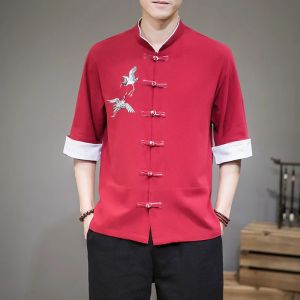 2026 New Chinese Style Mens Tops Tang Suit Linen 3/4 Sleeve Solid Traditional Kung Fu China Type Hanfu Shirt Plus Size 4XL 5XL