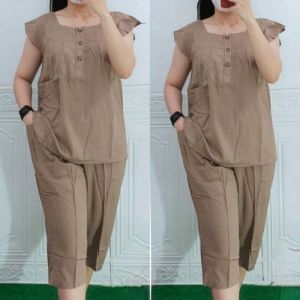 Setelan bangkok 7/8 Kancing 3 Busui Friendly One set Katun Polos